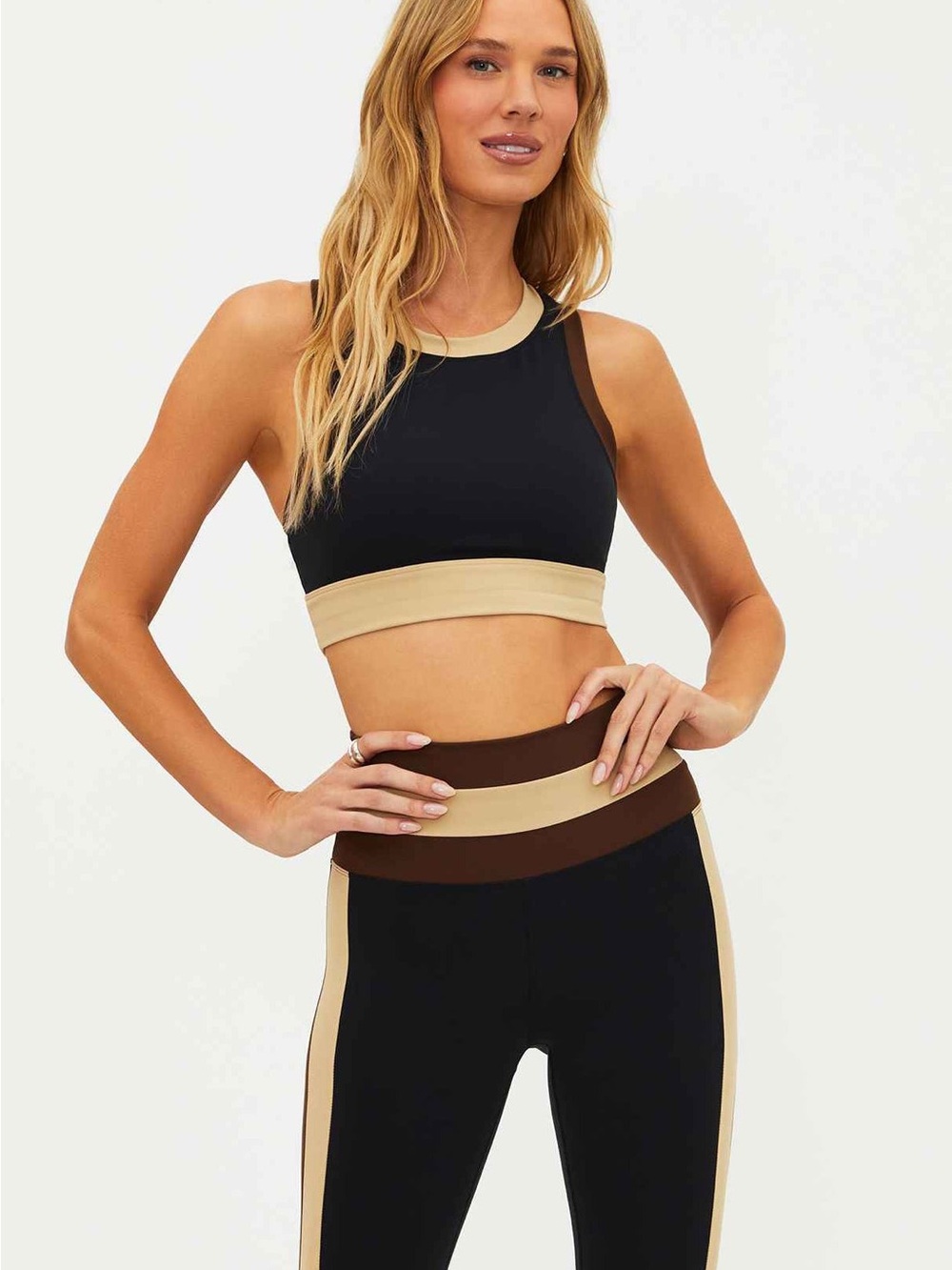 Beach Riot Black Sports Bra with Brown and Cream Trim